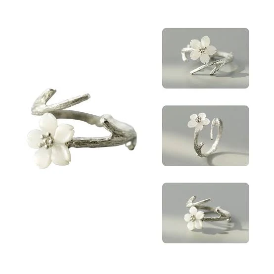 White Cherry Blossom Silver Ring - Image 5